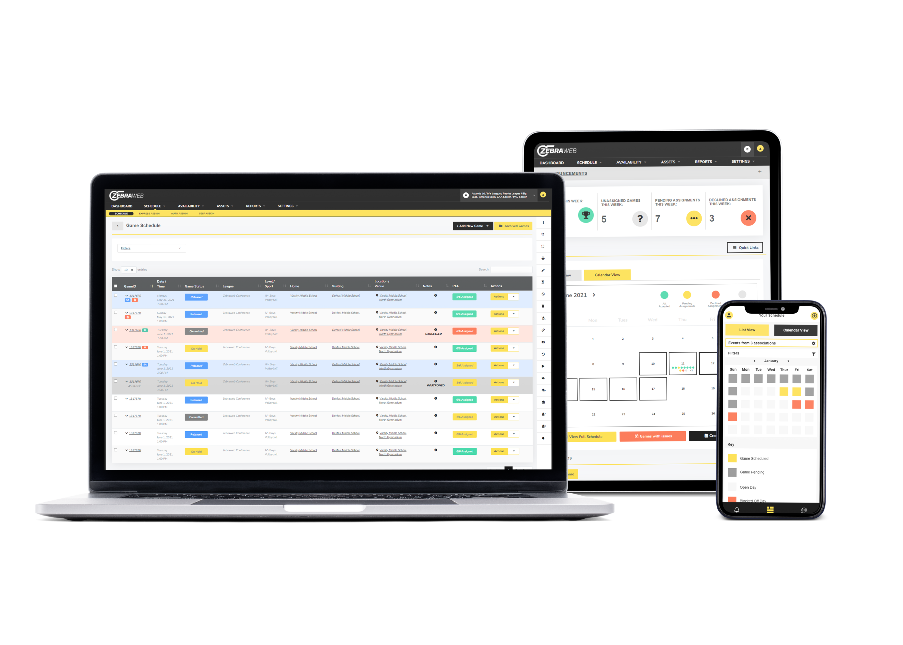 ZebraWeb software interface displayed on a laptop, tablet, and smartphone showing scheduling features