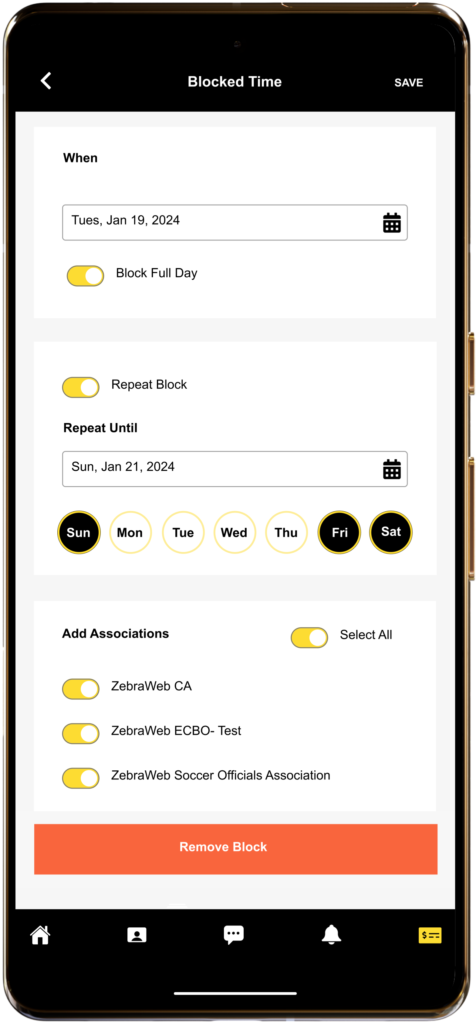 ZebraWeb mobile app on a Google Pixel phone showing the "Blocked Time" screen to manage availability