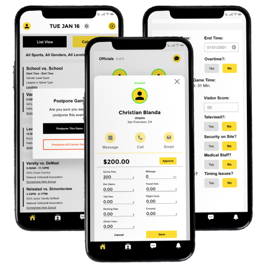 Three smartphone screens showing the ZebraWeb officials assigning software interface.
