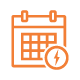 Orange outline icon of a calendar with a lightning bolt in the bottom right corner