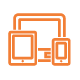 Orange outline icons of a desktop monitor, tablet, and smartphone